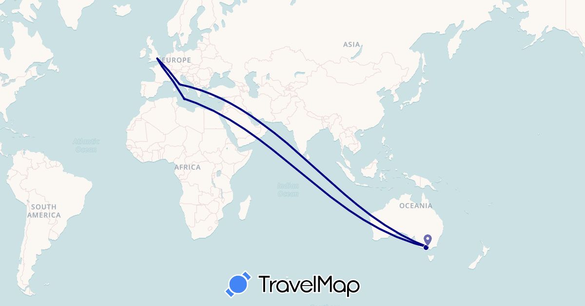TravelMap itinerary: driving in United Arab Emirates, Australia, France, United Kingdom, Italy, Malta (Asia, Europe, Oceania)